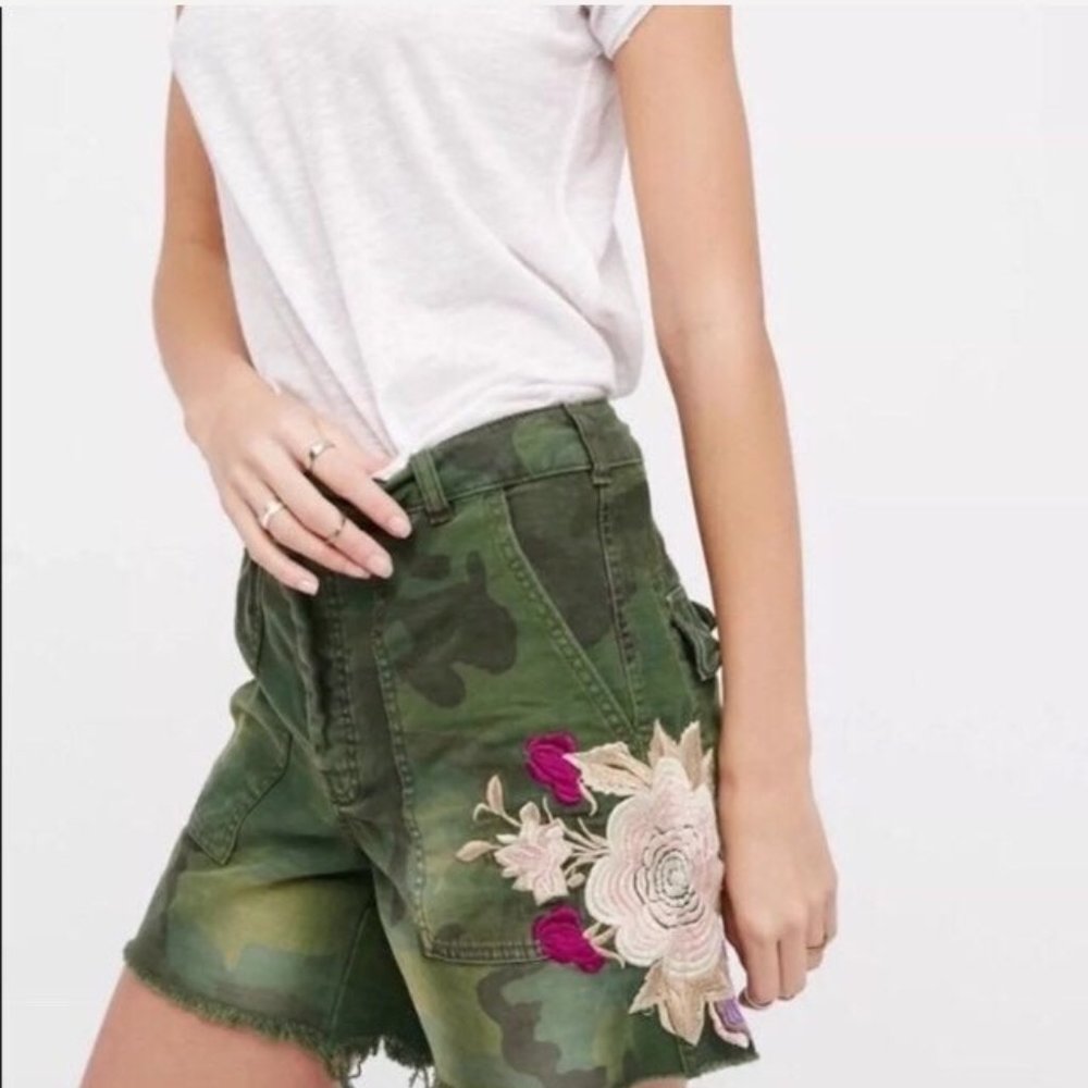 Free People Camouflage Embroidered Shorts
